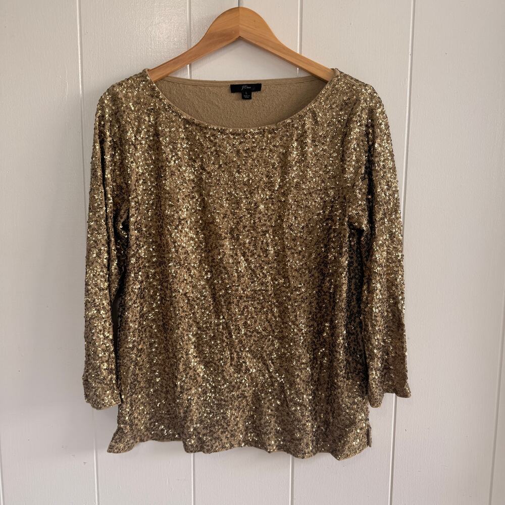 J.Crew Size M Sequined 3/4 Sleeve Boat Neck Gold Top Disco Party Stretch